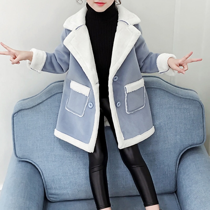 Kids Girls' Winter Coat Sherpa Jacket Kids Winter Jacket Fashion Buttons Performance Cotton Coat Outerwear 4-12 Years Spring Pink Blue3