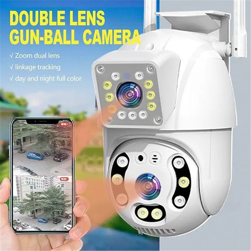 1080P Dual Lens Outdoor Security Camera CCTV Surveillance Camera PTZ Camera 2.4GHz Wireless WiFi Camera Motion Detection Night Vision Auto Tracking Camera IP66 Waterproof