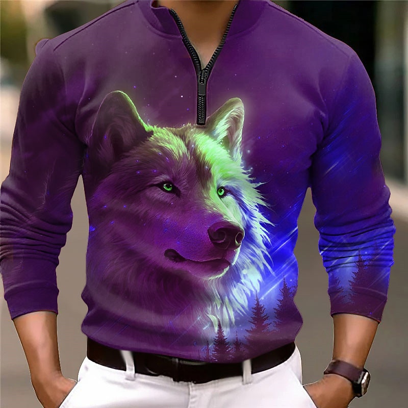 Men's Wolf Zip Polo Long Sleeve Polo Shirts Zip Abstract Outdoor Casual Daily Streetwear 3D Print Fall & Winter Red Navy Blue Blue3