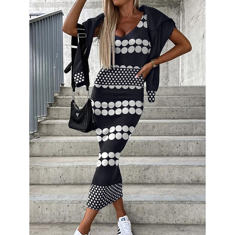 Women's Dress Set Casual Dress Skirt Set Sheath Dress Fashion Streetwear Floral Geometric Print Midi Dress Long Sleeve V Neck Outdoor Vacation Black White Yellow Fall Winter Loose Fit4