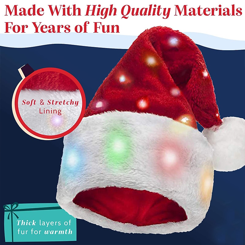 Plush Santa Hat Light Up Funny Christmas Hats for Kids Adults3