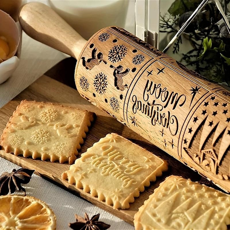 Christmas Rolling Pin Nativity Scene Embossing Pattern Xmas Wooden 3D Engraved Nativity With Jesus For Baking Cookies