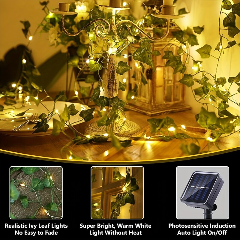 Elegant Wedding Party Reception 2M Solar LED Fairy String Lights – 8 Modes Warm White IP65 Waterproof Ivy Leaf Hanging Lights for Yard, Wall Decor2