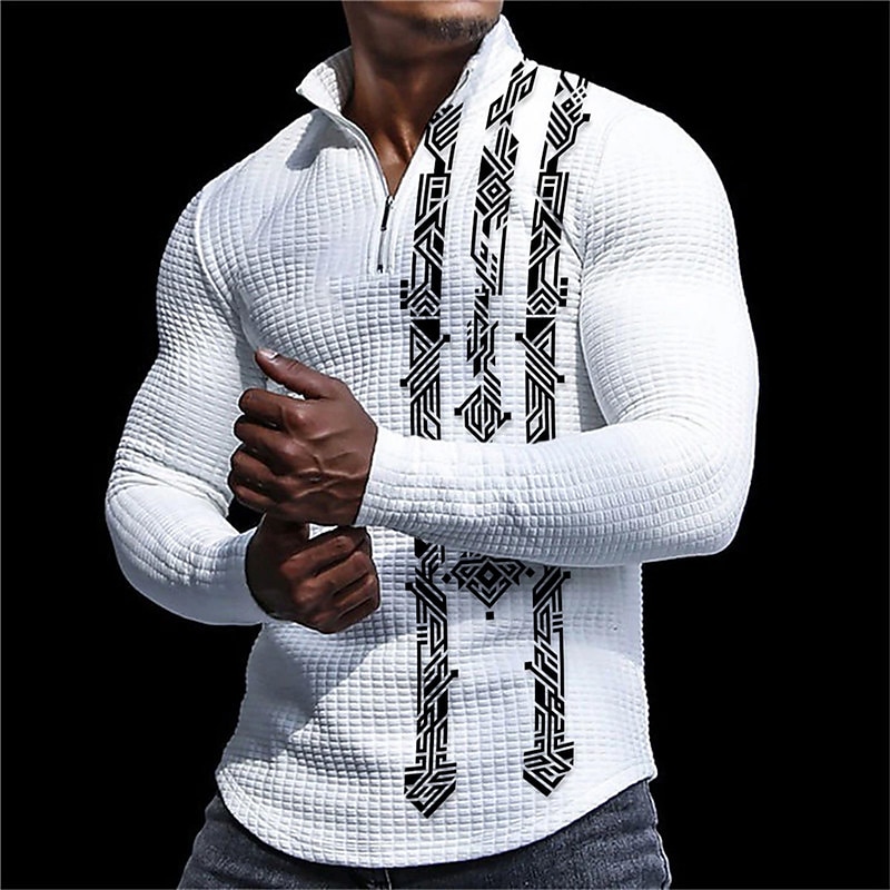 Men's Geometry Waffle Polo Shirts Zip Polo Golf Polos Shirts Long Sleeve Polo Shirts Zip Casual Daily 3D Print Fall & Winter Light Yellow Black Yellow