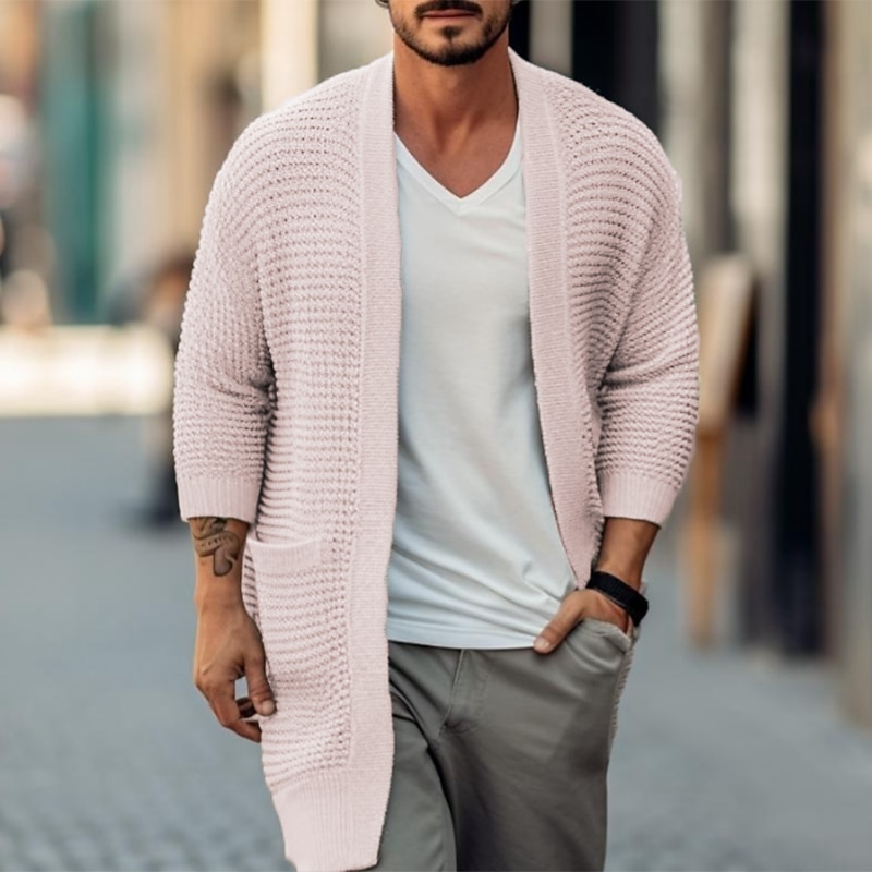 Men's Sweater Cardigan Sweater Ribbed Knit Long Pocket Knitted Plain Open Front Warm Ups Modern Contemporary Daily Wear Going out Clothing Apparel Winter Autumn Black White S M L4