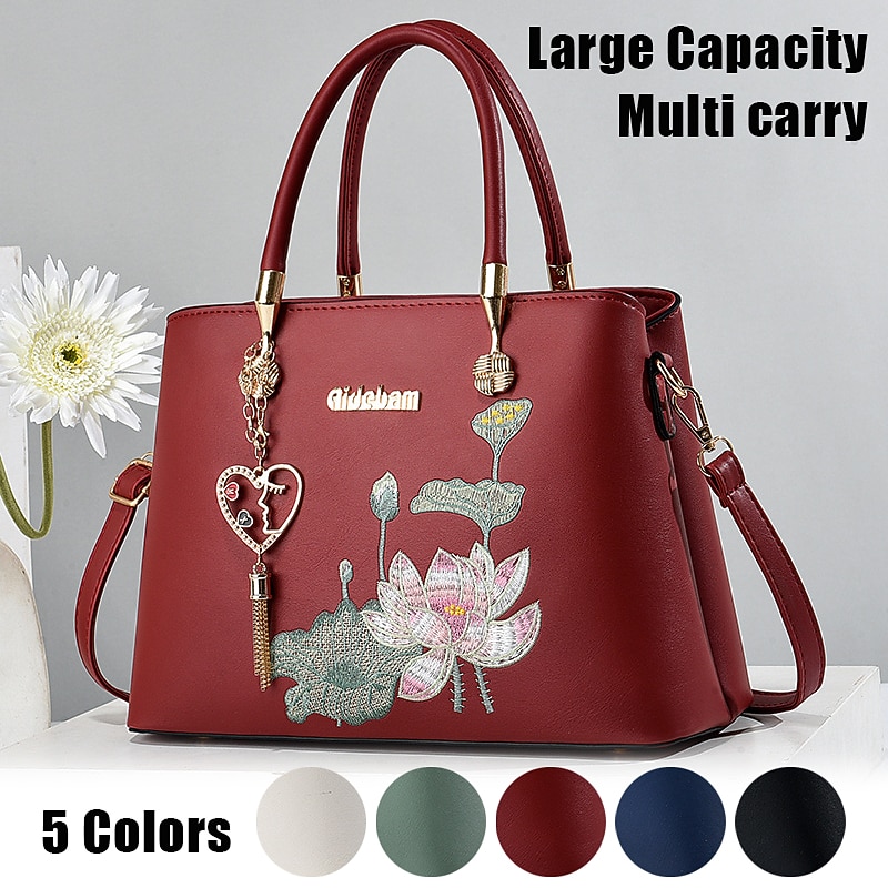 Women's Handbag Crossbody Bag Shoulder Bag Boston Bag PU Leather Outdoor Daily Holiday Pendant Zipper Large Capacity Waterproof Durable Solid Color Embroidery Flower Black White Red