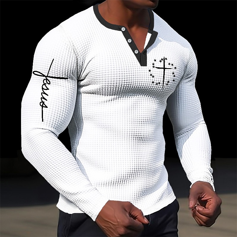 Men's Graphic Cross Jesus Henley Shirt Waffle T Shirt Long Sleeve 3D Print Designer Simple Casual Sports Outdoor Holiday Festival Spring &  Fall Black White Brown Green Henley Henley T-Shirt
