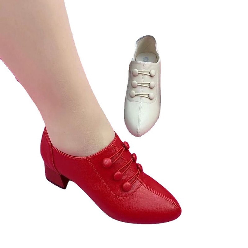 Women's Heels Pumps Valentines Gifts Comfort Shoes Party Office Daily Solid Color Button Chunky Heel Pointed Toe Fashion Minimalism Faux Leather Loafer Black Red Beige4