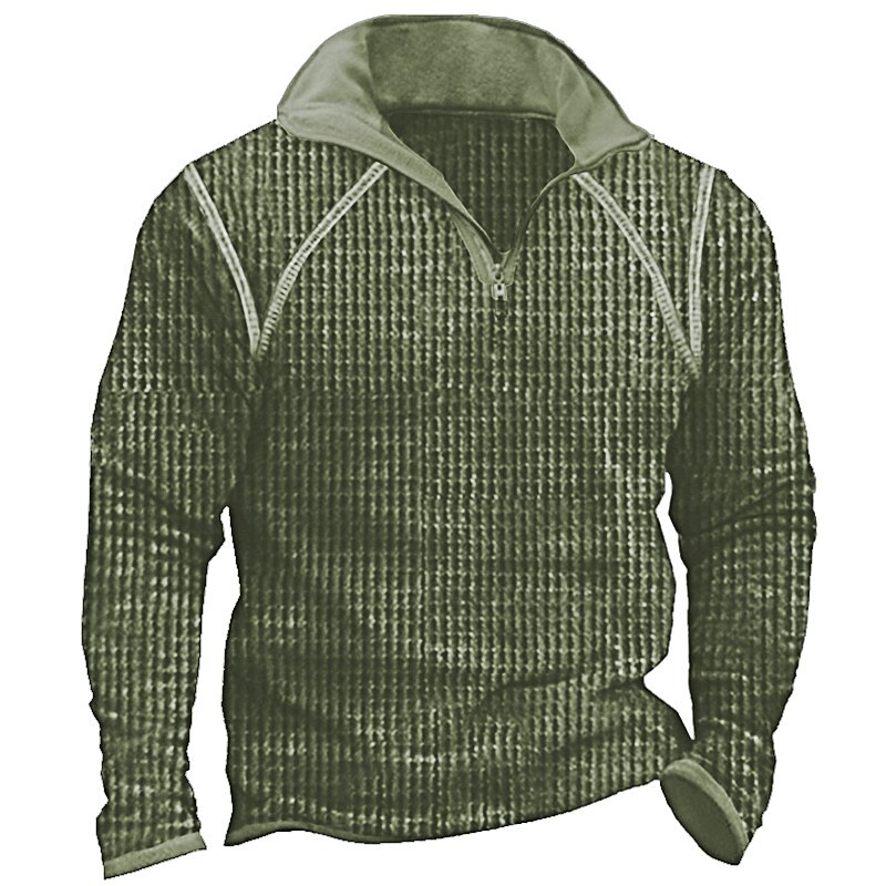 Men's Waffle Tee Waffle Shirt T Shirt Zip Half Shirt Long Sleeve Quarter Zip Spring &  Fall Plain Vintage Designer Basic Patchwork Vacation Street Going out Black khaki Army Green Top Tee for Men3