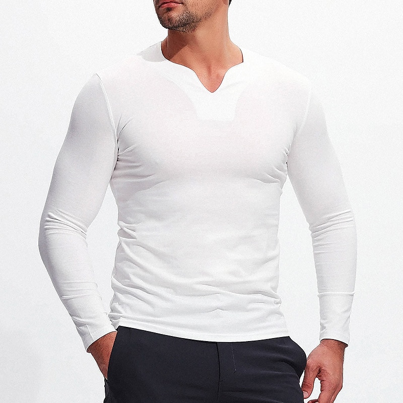 Men's T Shirt Tee Top Long Sleeve Shirt Long Sleeve V Neck Spring &  Fall Plain Fashion Designer Basic Vacation Street Going out Black White Navy Blue Top Tee for Men2
