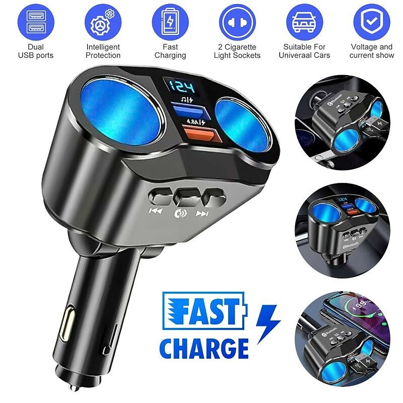 Bluetooth 5.0 Dual USB Car Charger - 4.8A Fast Charging Adapter, Cigarette Lighter Socket Splitter for Phone Charging2