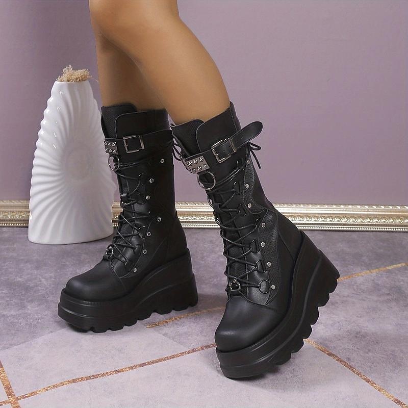 Women's Black Platform Lace-Up Motorcycle Boots with Studded Buckles, Gothic Style for Night Out and Alternative Fashion