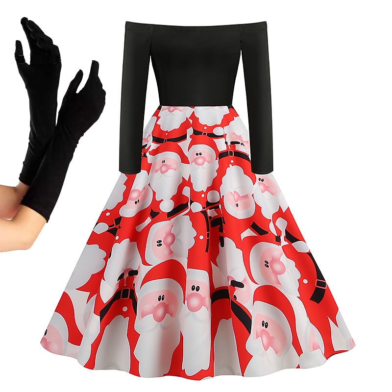 1950s Christmas flare Midi Knee Length Dress Christmas Dress Prom Dress Santa Suit Off Shoulder Floral Print Christmas Printing Ball Gown Fancy Dress Women's Christmas Masquerade Christmas Christmas4
