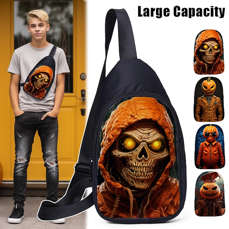 Large Capacity Halloween Crossbody Sling Bag - Spooky Skull and Pumpkin Designs for Teens (4 Patterns Available)