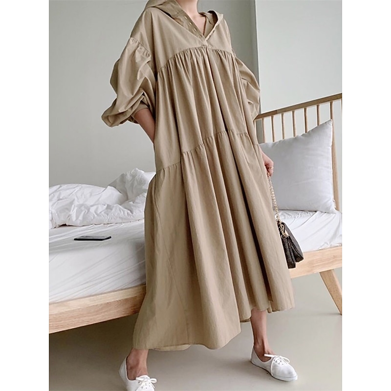 Women's Black White khaki Fall Winter Autumn Maxi Dress White Dress Cotton Linen Dresses Shirt Dress Fashion Basic Classic Outdoor Vacation Daily Loose Fit Plain Hooded2