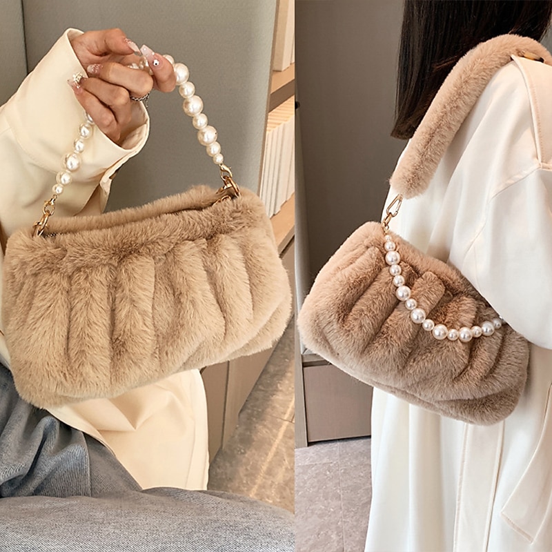 Women's Handbag Shoulder Bag Plush Bag Fluffy Bag Faux Fur Party Valentine's Day Daily Pearls Chain Large Capacity Lightweight Durable Solid Color Black White Pink3
