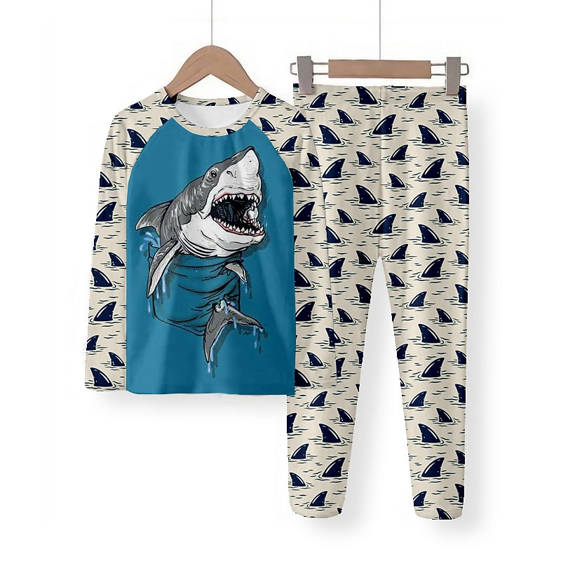 Boys 3D Shark Pajama Sets Long Sleeve 3D Print Fall Winter Fashion Cool Daily Kids 3-12 Years Crew Neck Home Causal Indoor Regular Fit4