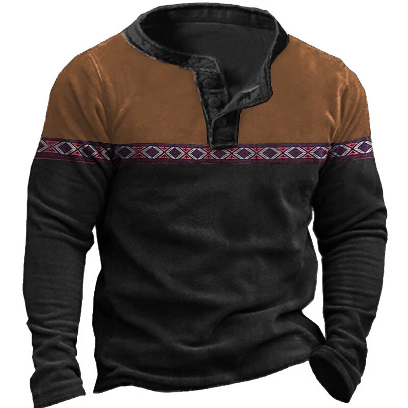Men's Button T Shirt T Shirt Henley Shirt Tee Top Long Sleeve Henley Spring &  Fall Color Block Vintage Basic Ethnic Patchwork Vacation Street Going out Black Brown Green Top Tee for Men3