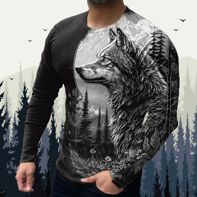 Men's Animal Wolf Graphic Prints T Shirt Graphic Tee Long Sleeve T shirt 3D Print Crew Neck Shirt Designer Basic Casual Outdoor Vacation Daily Black Yellow Blue Spring &  Fall Clothing Apparel S M L4