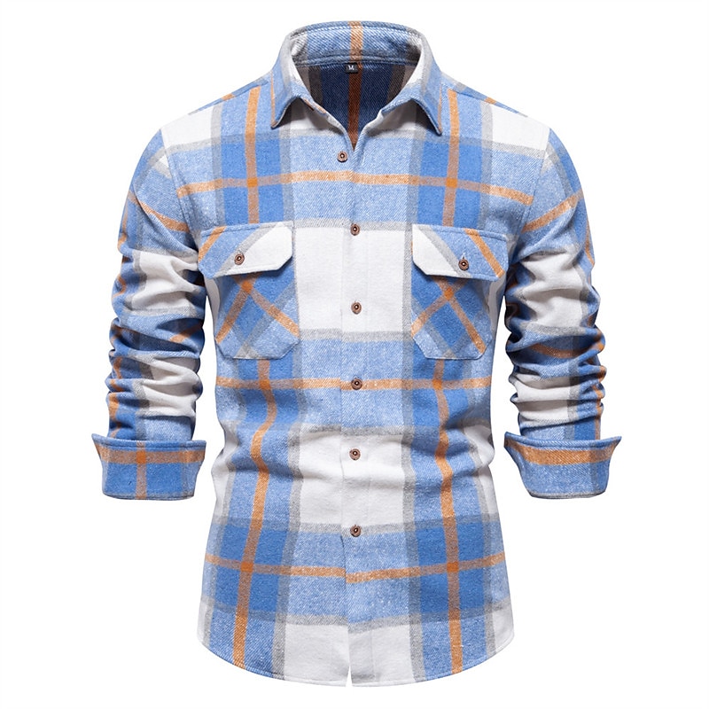 Men's Shirt Flannel Shirt Plaid Shirt Shirt Jacket Overshirt Shacket Plaid / Check Outdoor Daily Wear Light Blue White Navy Blue Green Long Sleeve Lapel Fall & Winter Clothing Apparel Pocket3