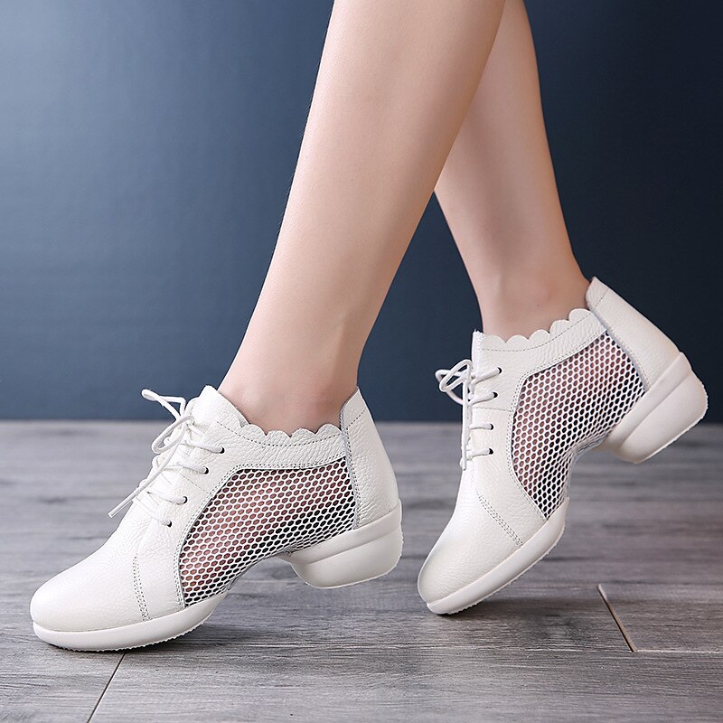 Women's White Mesh Leather Lace-Up Dance Shoes with Soft Flexible Sole, Breathable Jazz Sneakers for Latin Practice, Ballroom, and Fitness Training3
