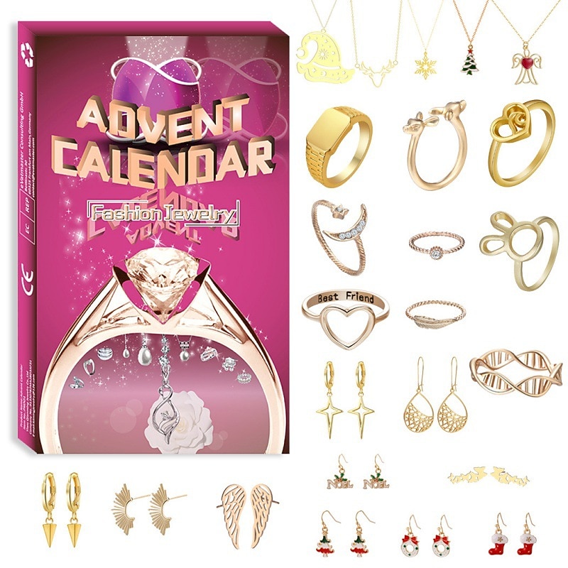 Festival Advent Calendar Blind Box,Countdown Festival Blind Box Festival Jewelry Jewelry set Blind box Ring Necklace earrings Festival 24-piece set for Christmas Gifts