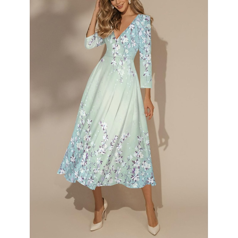 Women's Maxi Dress Swing Dress Semi Formal Dress Floral Dress Print Dress Fashion Streetwear Modern Formal Outdoor Vacation Regular Fit Floral 3/4 Length Sleeve V Neck Yellow Pink Blue4