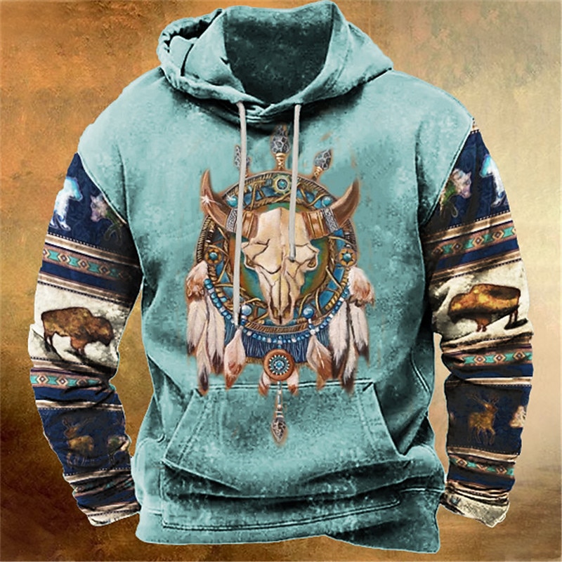 Men's Graphic Tribal Cowboy Hoodie Hoodies Sweatshirt Daily Ethnic Long Sleeve Hooded Vacation Sports Outdoor Holiday Blue Brown Print Front Pocket Spring &  Fall Designer3