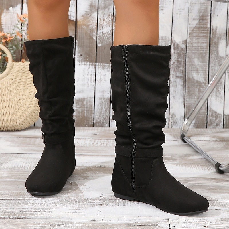 Women's Black Slouchy Mid-Calf Boots with Buckle Strap and Side Zipper, Comfortable Flat Heel for Casual Fall and Winter Outfits4