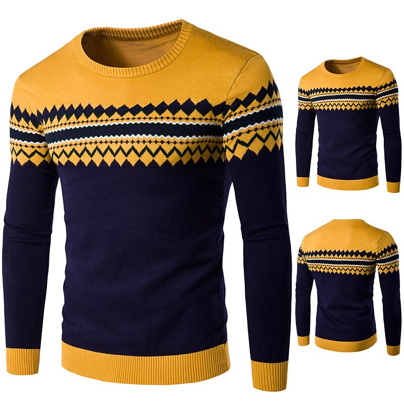Men's Stripe Geometry Pullover Sweater Jumper Knitwear Crew Neck Fashion Streetwear Designer Vacation Daily Wear Going out Knitted Long Sleeve Fall & Winter Yellow Red Navy Blue