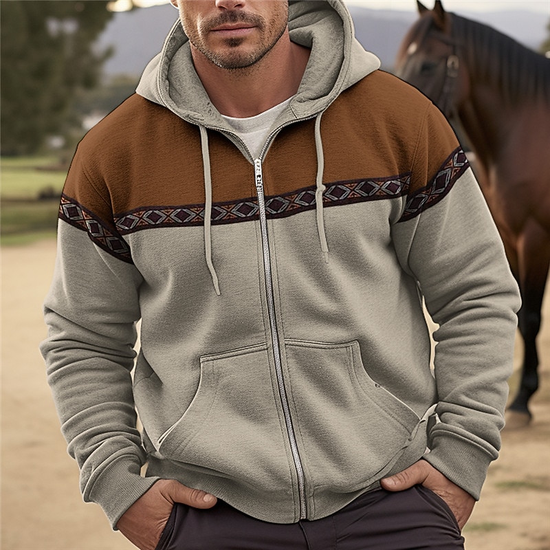 Men's Full Zip Hoodie Zip Up Hoodie Black Navy Blue Brown Beige Hooded Color Block Tribal Zip Up Sports & Outdoor Daily Holiday Polyester Streetwear Cool Ethnic Spring &  Fall Clothing Apparel Hoodies3