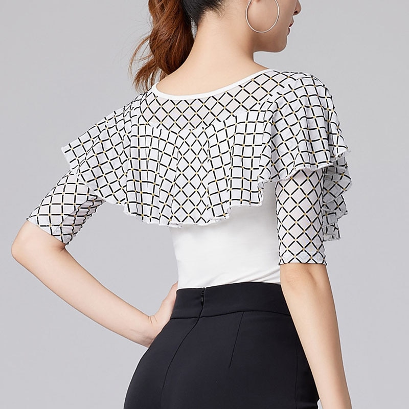 Latin Dance Ballroom Dance Top Printing Ruffles Splicing Women's Performance Training Half Sleeve High Polyester3