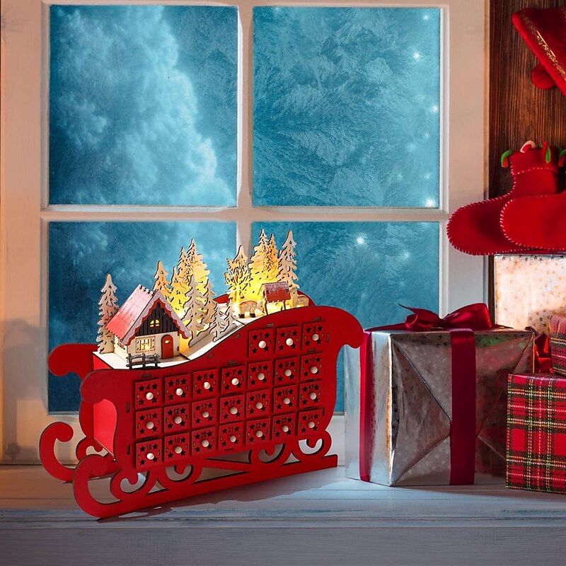 Christmas Wooden Advent Calendar Christmas Sleigh Countdown Calendar with 24 Drawers Wooden Advent Calendar Xmas Countdown Advent Calendar for Adults Kids Christmas Countdown Decoration Supplies4
