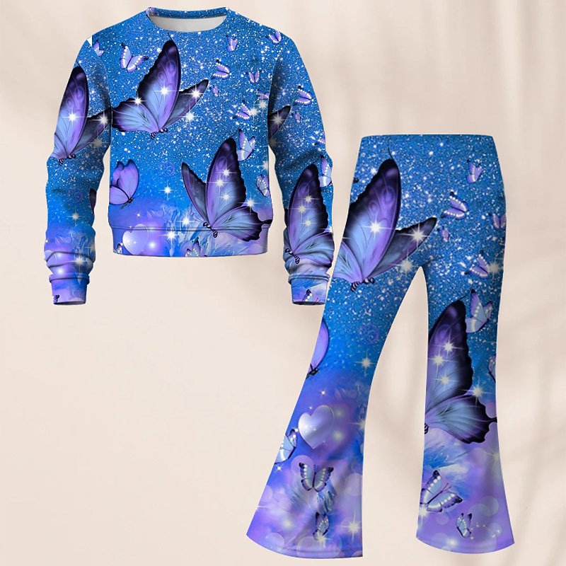 Girls' 3D Butterfly Set Sweatshirt & Flare Pants Set Long Sleeve 3D Print Fall Winter Active Fashion Daily Kids 3-12 Years Crew Neck Outdoor Vacation Date Regular Fit2