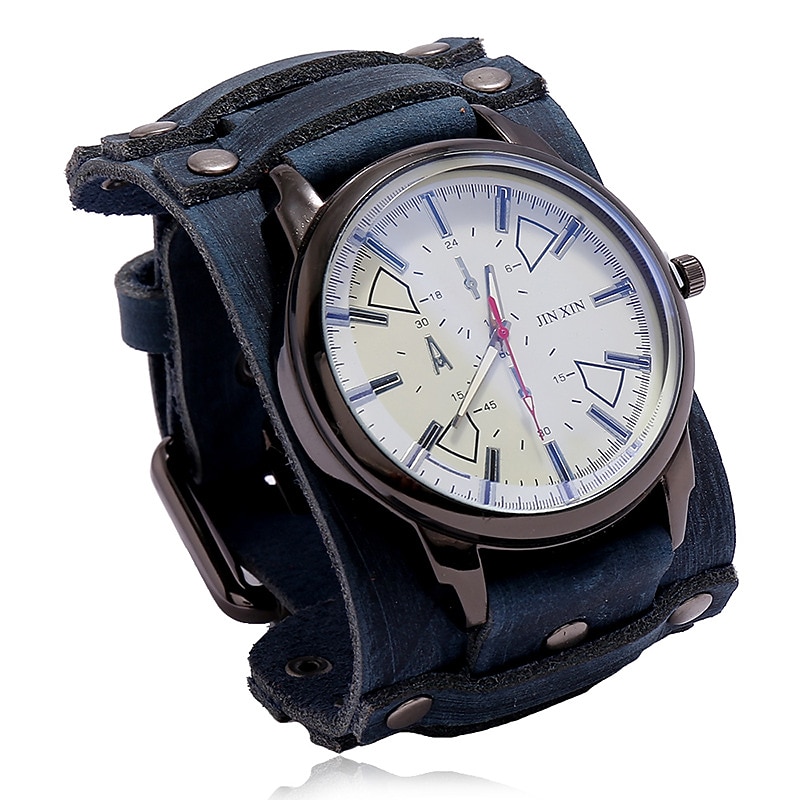 A3850 Punk Vintage Hand Stitched Cowhide Large Dial Watch Hip Hop Men's Leather Bracelet Wat4