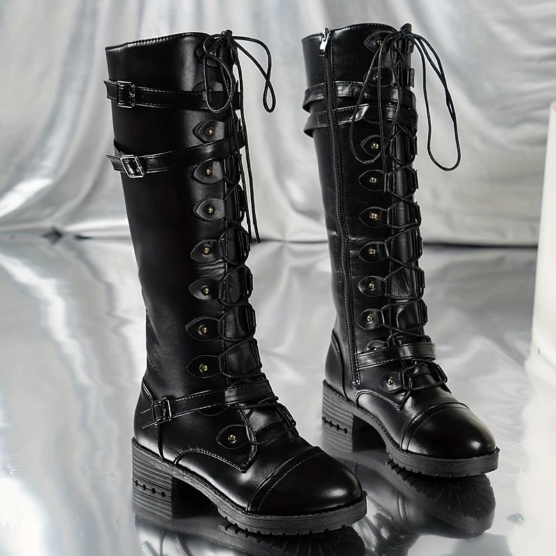 Women's Black Knee High Lace-Up Combat Boots with Chunky Heel, Military Gothic Punk Style Fashion Boots for Autumn Winter 5