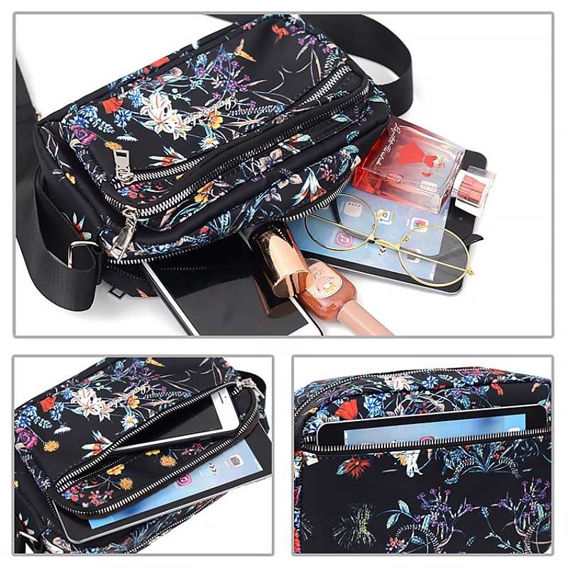 Women's Crossbody Bag Shoulder Bag Dome Bag Nylon Outdoor Daily Holiday Zipper Large Capacity Waterproof Lightweight Geometric Flower Folk Blue flower Pink flowers geometry4