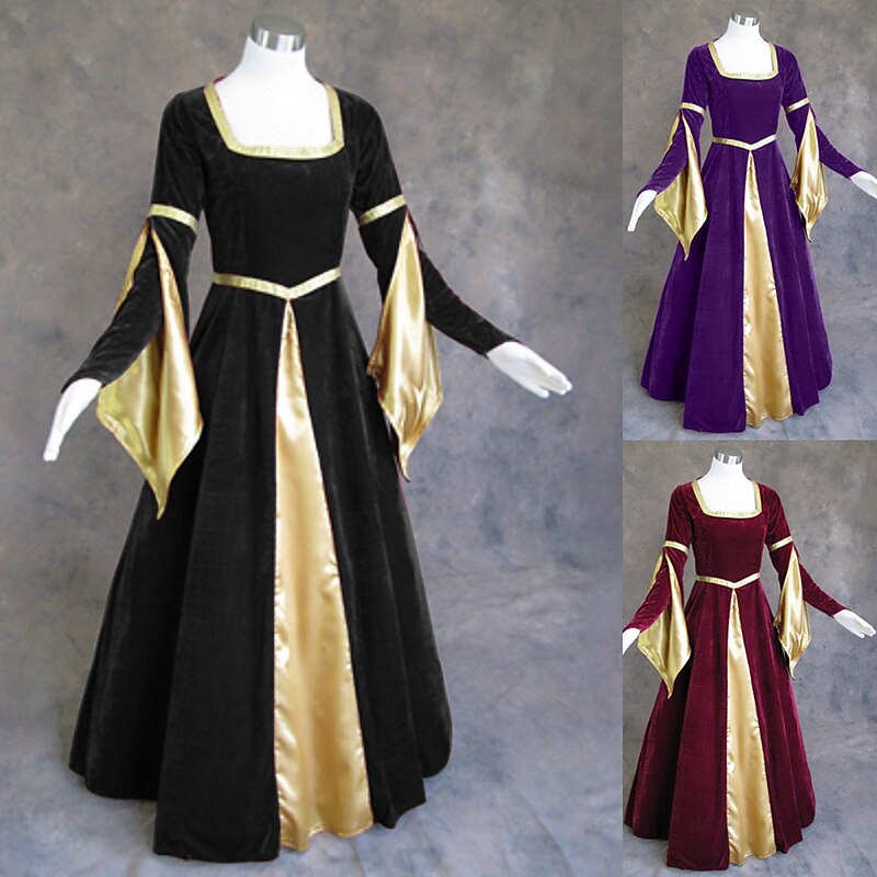 Retro Vintage Medieval Renaissance Dress Plus Size Witch Viking Elven Color Block Fancy Dress Women's Celtic Royal Walpurgis Night Halloween Carnival Masquerade LARP Adults' Dress