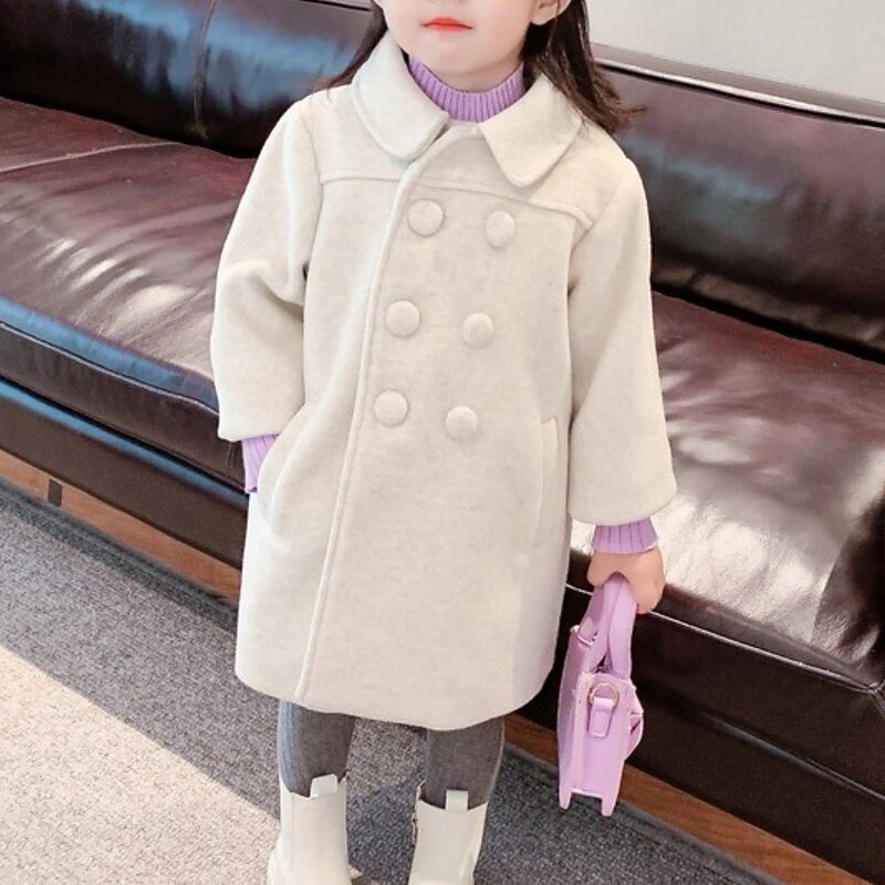 Kids Girls' Woolen Coat Long Sleeve Blue Beige Solid Color Fall Winter Active School 3-7 Years2