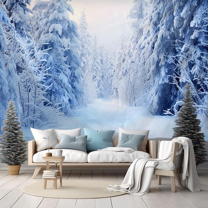 Hanging Tapestry Winter Wonderland Snow Forest Wall Art Large Tapestry Mural Decor Photograph Backdrop Blanket Curtain Home Bedroom Living Room Decoration3