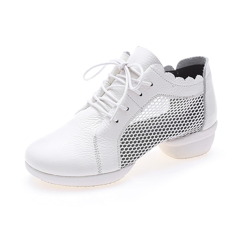 Women's White Mesh Leather Lace-Up Dance Shoes with Soft Flexible Sole, Breathable Jazz Sneakers for Latin Practice, Ballroom, and Fitness Training4