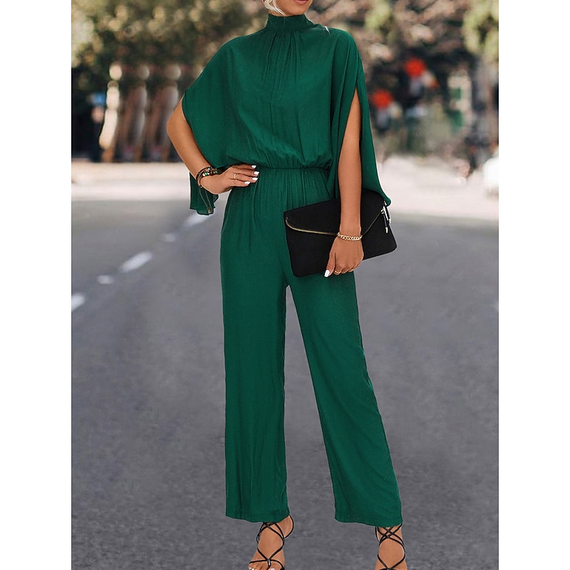 Women's Normal Jumpsuit Elegant Solid Color 3/4 Length Sleeve Stand Collar High Waist Wedding Vacation Regular Fit Black Green Fall