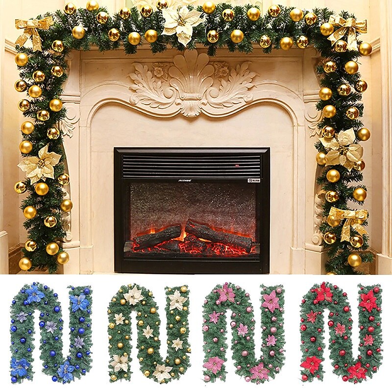 8.8 ft./2.7m Artificial Christmas Garland Staircase Decoration Green Rattan with Flower Decorations  for Home Stairs Fireplace Front Porch Door Display Indoor Outdoor Christmas Decor - Main Image