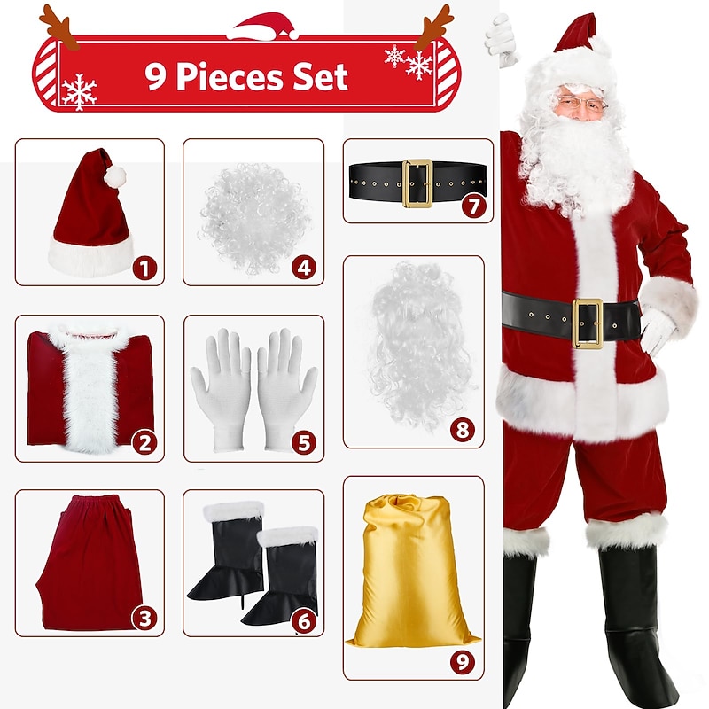 Santa Suit Christmas Santa Claus Costume for Men's Adults Cosplay Costume 9PCS Outfit4