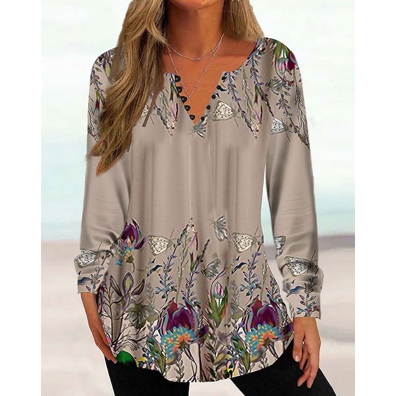 Women's Tunic Shirt Henley Shirt Blouse Tunic Basic Floral Buttons Print Long Sleeve Regular Tops Round Neck Casual Holiday Blue Fuchsia Brown Khaki Spring Fall Prefall