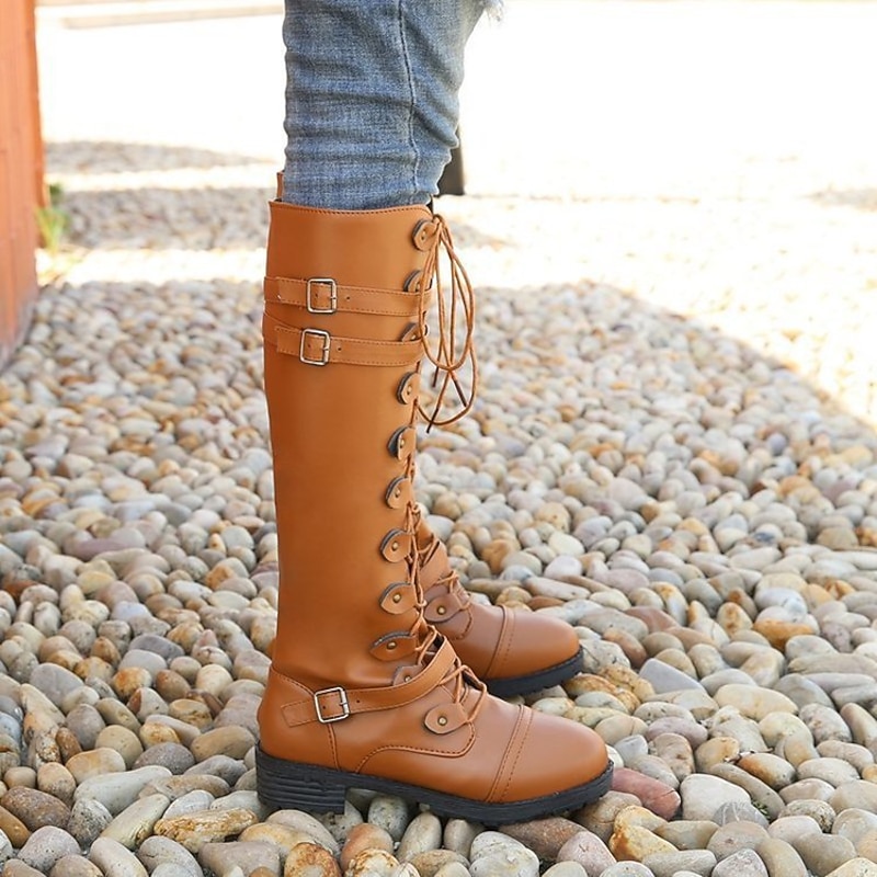 Women's Black Knee High Lace-Up Combat Boots with Chunky Heel, Military Gothic Punk Style Fashion Boots for Autumn Winter 10