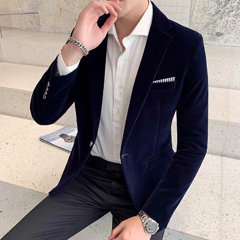 Men's Corduroy Jacket Blazer Business Cocktail Party Wedding Party Fashion Casual Fall / Winter Polyester Velvet Plain Pocket Buttons Casual / Daily Single Breasted Blazer Black Burgundy Blue Dark2