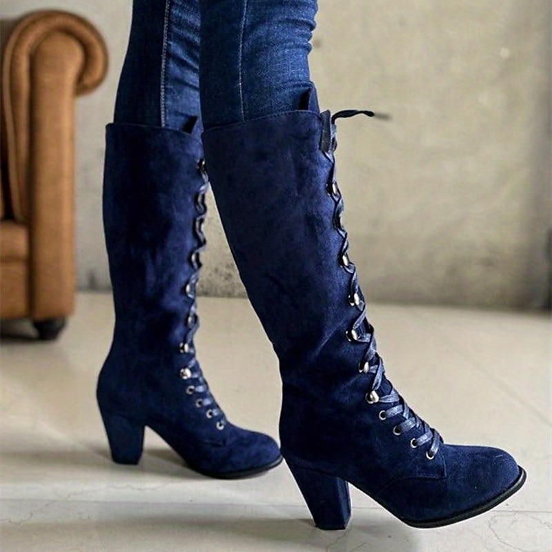 Women's Blue Knee-High Lace-Up Boots with Block Heels for Fashion and Casual Wear3