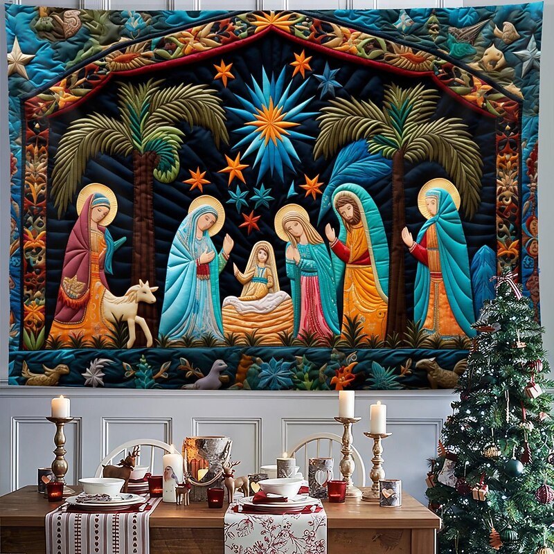 Christmas Decorations Nativity Scene Jesus Baptism Hanging Tapestry Quilting Pattern Wall Art Xmas Large Tapestry Mural Decor Photograph Backdrop Blanket Curtain Home Bedroom Living Room Decoration3
