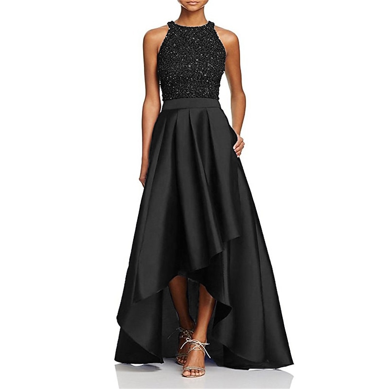A-Line Wedding Guest Dresses Sparkle & Shine Dress Party Wear Semi Formal Asymmetrical Sleeveless Jewel Neck Fall Wedding Guest Satin with Beading Sequin Dresses3